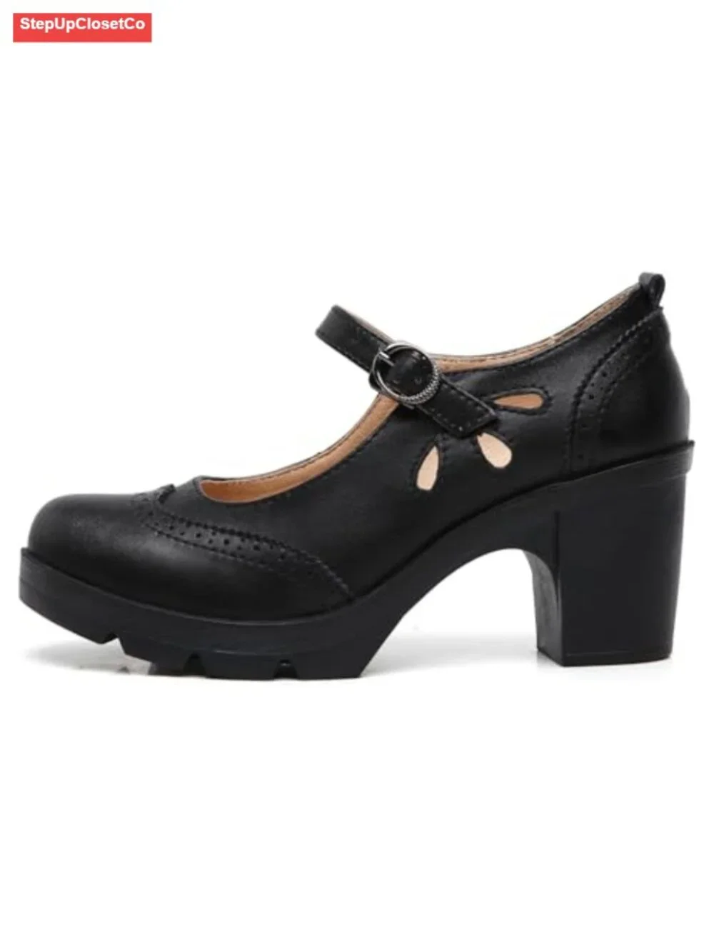 Women's Leather Mary Jane Ankle Strap Round Toe Mid Heel Platform Oxfords Dress